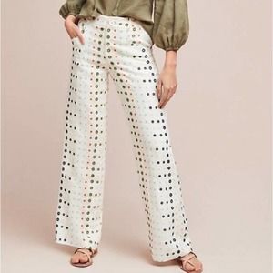Anthro Ett:twa Women's Wide-Leg Trouser Linen Eyelet Flat Front Cream Size 8
